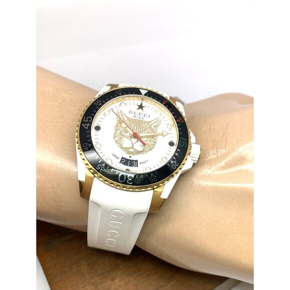 GUCCI Men's Watch YA136322 Dive Cat Swiss Quartz Gold White Rubber Strap 40mm - Picture 5 of 13